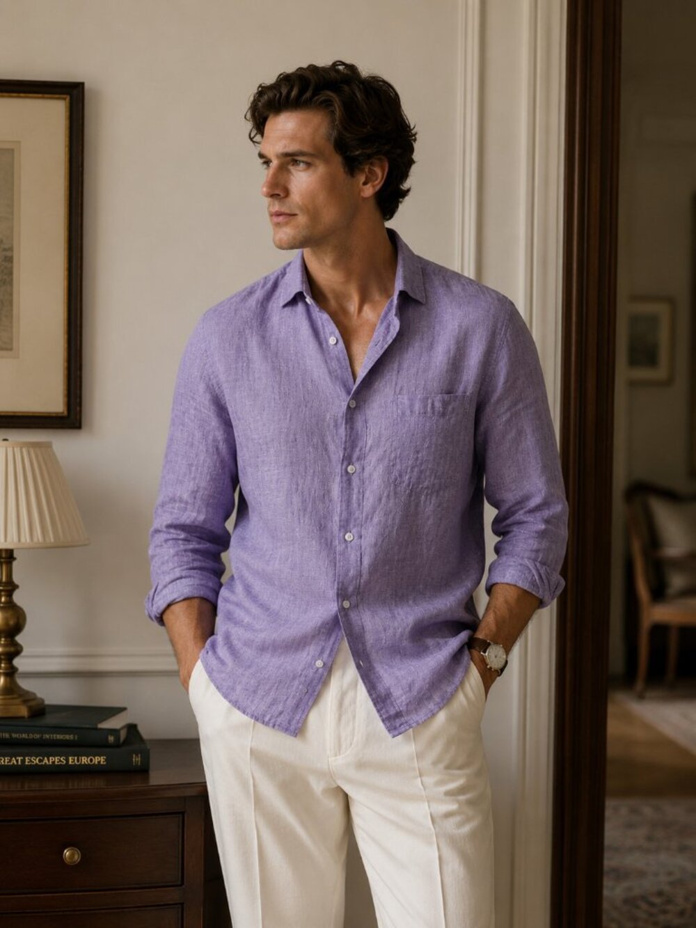 Lombard 100% Linen Purple Button Down Shirt Men’s Size 42 Relaxed Casual Luxury